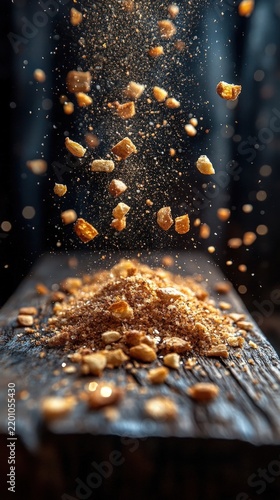 Crushed Nuts And Crumbs Falling Onto A Dark Rustic Wooden Surface With Golden Cinematic Lighting