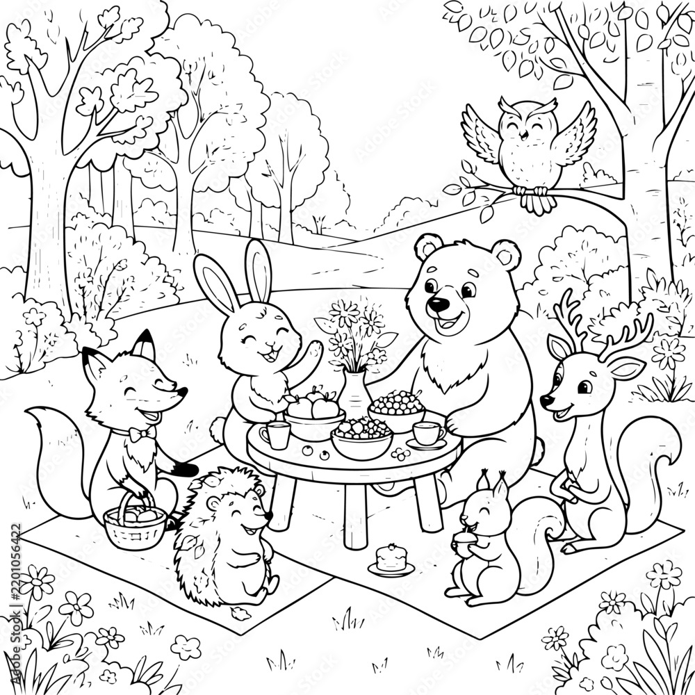 Fototapeta premium Woodland Animals Forest Tea Party Picnic Coloring Page