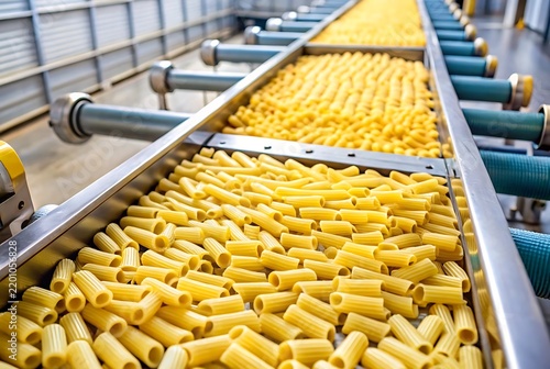 Raw Rigatoni Pasta Moving on a Metal Conveyor Belt in a Food Processing Plant manufacturing