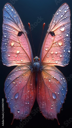 Macro View Of A Vibrant Butterfly With Raindrops On Its Wings Against A Dark Moody Background