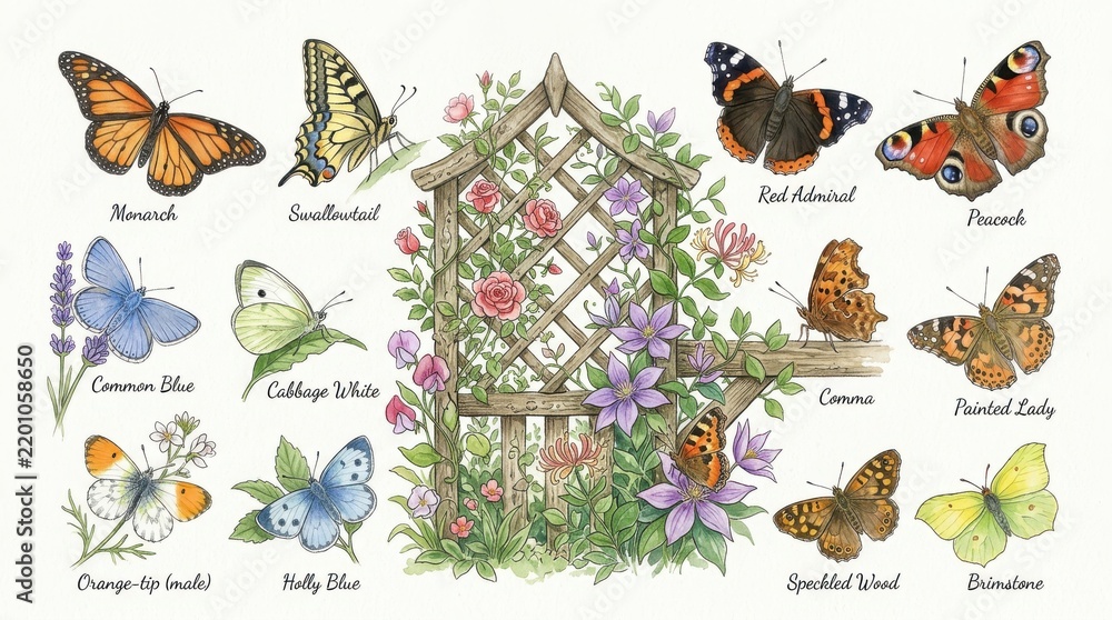 Obraz premium Educational Watercolor Illustration Set Featuring Various Butterfly Species And A Beautiful Garden Trellis With Blooming Flowers Perfect For Nature
