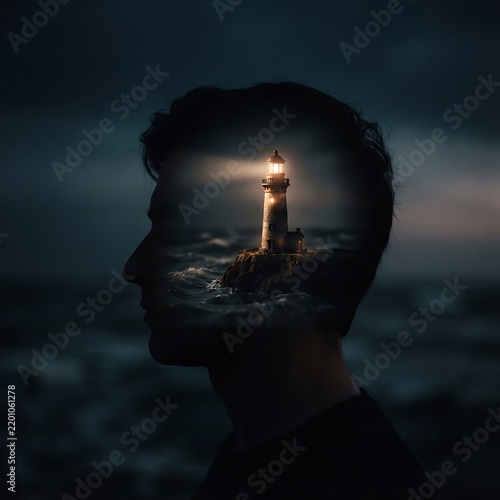 Double exposure portrait of a man with a glowing lighthouse on the ocean.