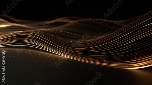 Golden glowing lines waves particles abstract dark background design   