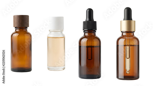 Assorted glass dropper bottles and skincare serum containers showing luxury cosmetic packaging with wooden caps and gold accents isolated in high quality detail on transparent background.