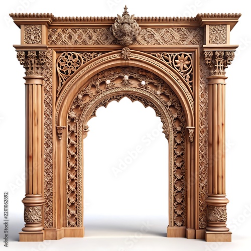 Symmetrical Gothic Wooden Archway with Pillar Columns and Intricate Wood Carvings