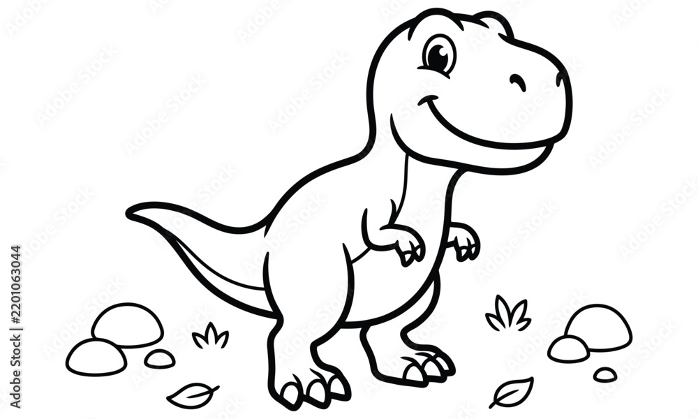 Obraz premium Cute Cartoon Baby T-Rex Standing with Leaves and Stones Coloring Page