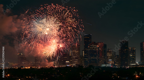 Vibrant Fireworks Bursting Over a Major American City Skyline on New Year's Eve Night
