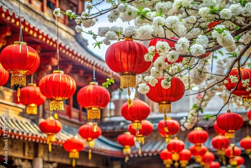 Traditional Red Lanterns and White Cherry Blossoms at a Chinese Temple festival culture
