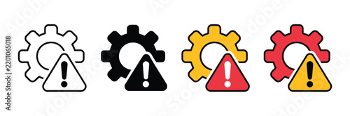 failure icon set with gear and exclamation mark for malfunction, error and system warning