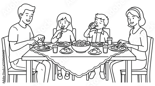Foto Happy family eating healthy lunch together at kitchen table line drawing