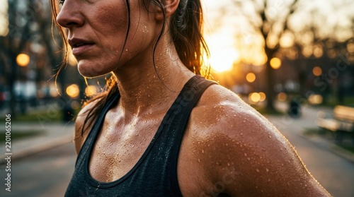 Exhausted athletic woman taking a break after intense outdoor workout session at sunset with sweat dripping on glowing skin during warm evening
