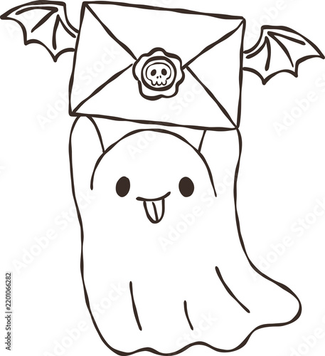 Cute Retro Halloween Ghost Mail Flying Bat Ghost Letter. Creative Cartoon Doodle Outline Hand Draw