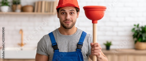 Young man plumber holding a plunger and smiling in a modern kitchen  
