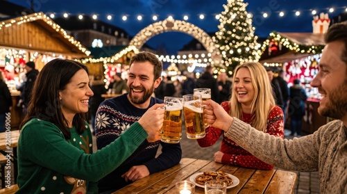 Four friends cheer with beer mugs at a festive outdoor Christmas market decorated with lights and a Christmas tree.