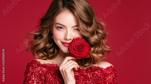 Woman, red dress, rose, curly hair, beauty portrait