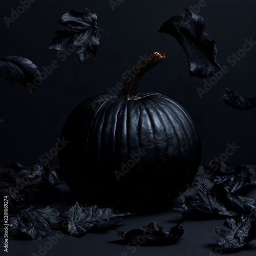  Elegant black pumpkin still life conceptual composition for Halloween.