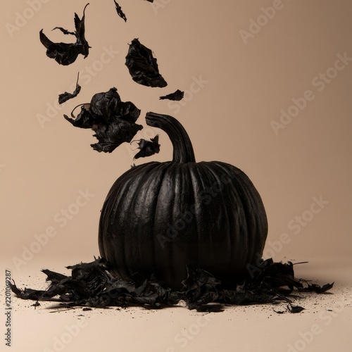  Elegant black pumpkin still life conceptual composition for Halloween.