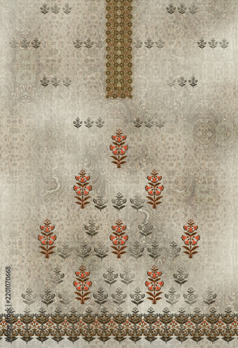 Foto High-resolution digital textile print design featuring a blend of traditional ethnic floral motifs, intricate necklines, paisley borders, and modern geometric patterns