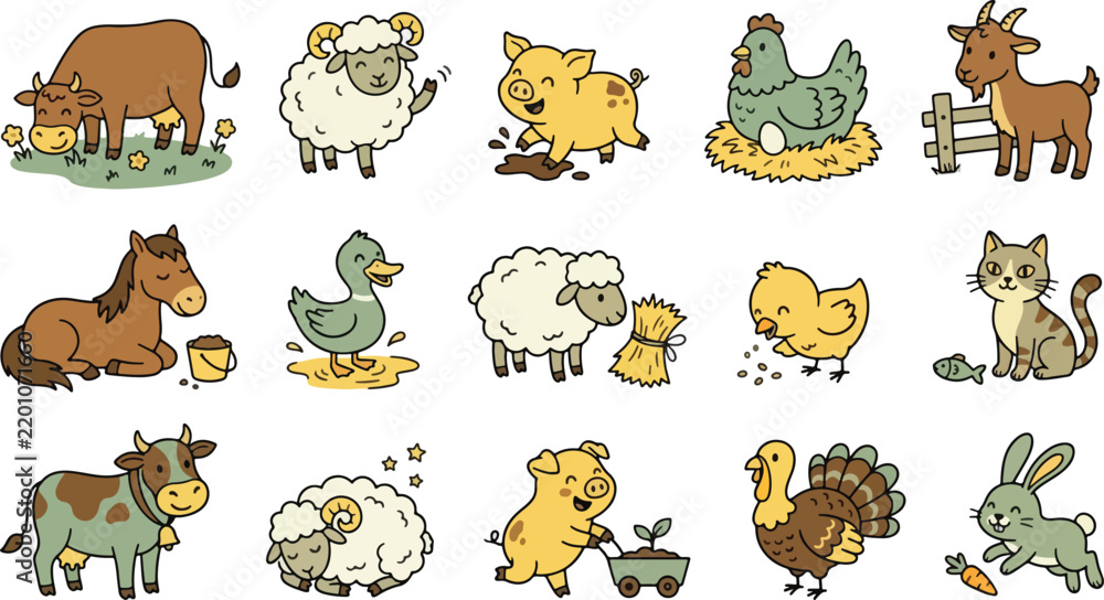 Obraz premium A delightful collection of charming cartoon farm animals featuring smiling cows, fluffy sheep, playful pigs, cheerful birds, and friendly pets displaying joyful expressions throughout