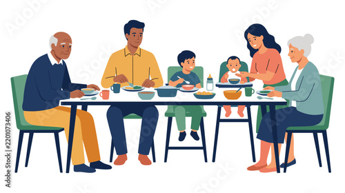 Happy multi generation family eating dinner together at table scene.