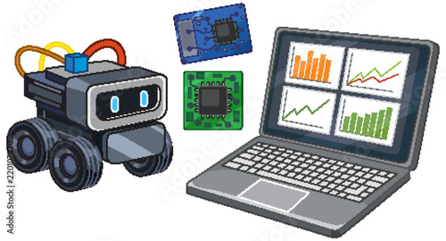 Small Educational Robot with Laptop and Electronic Circuit Board Components