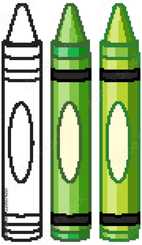 Set of Green and Outline Wax Crayons Vector Illustration
