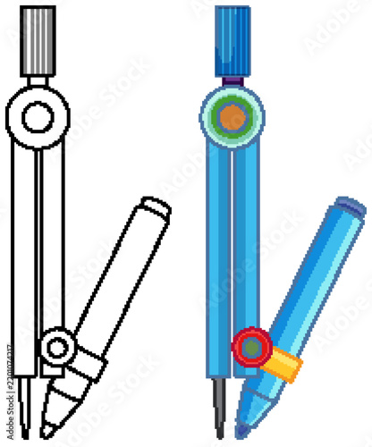 Vector Illustration of a Drawing Compass with Pen in Color and Outline
