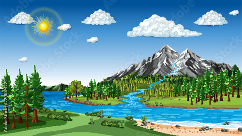 Vector Landscape Illustration of the Natural Water Cycle and Mountain Ecosystem