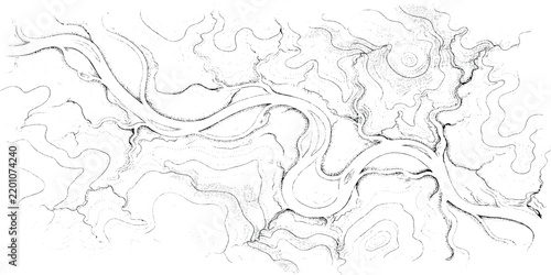 Hand-drawn topographic grunge  map featuring a winding river and contour lines