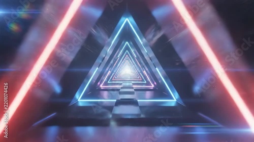 Abstract neon triangle tunnel with glowing blue and pink lights