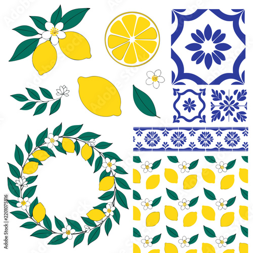 Lemons and Floral Elements Watercolor Vector Illustration Set with Decorative Patterns and Tile Designs. and Citrus