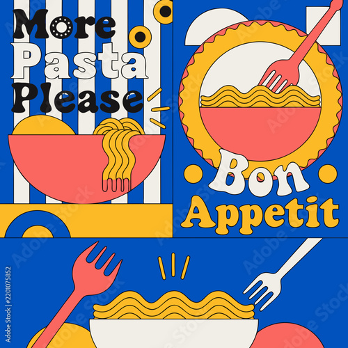 Pasta Illustrations Featuring Playful Typography and Food Icons. a Vibrant Design with 'More Pasta Please' and 'Bon Appetit' Text.