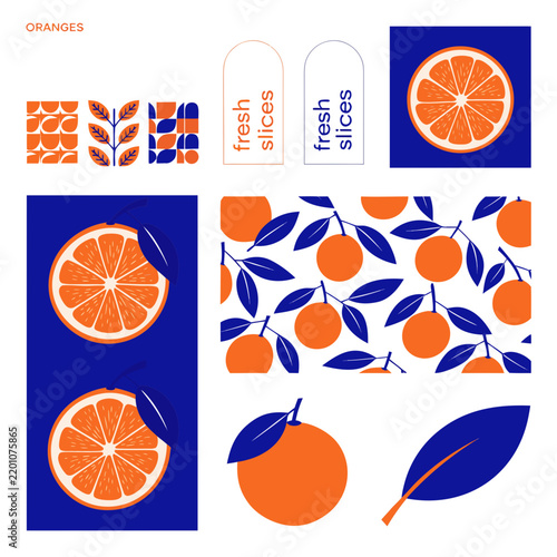 Oranges, a Vibrant Citrus Fruit Illustration Set with Slices, Leaves, and Patterns. Fresh Slices Text Overlay on Blue Backgrounds.