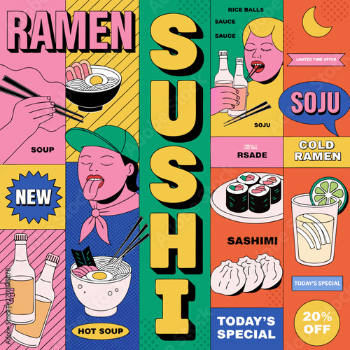 Ramen and Sushi Vector Illustration. Pop Art Style Design with Food Icons and Promotional Text Elements. and Japanese