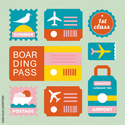 Travel Illustrations Set with Vintage Stamps, Airplane Icons, and Luggage Tags Featuring Illustration, Vector