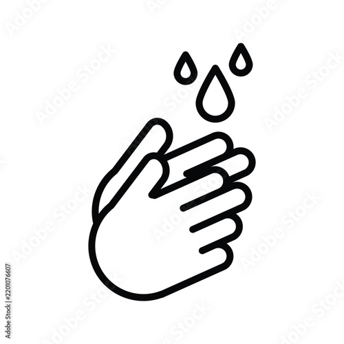 Hand washing icon with water drops representing hygiene, cleanliness, hand care, sanitation, and personal health.