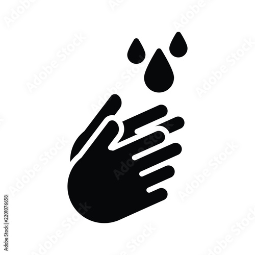 Black hand washing icon with water drops representing hygiene, cleanliness, hand care, sanitation, and personal health.