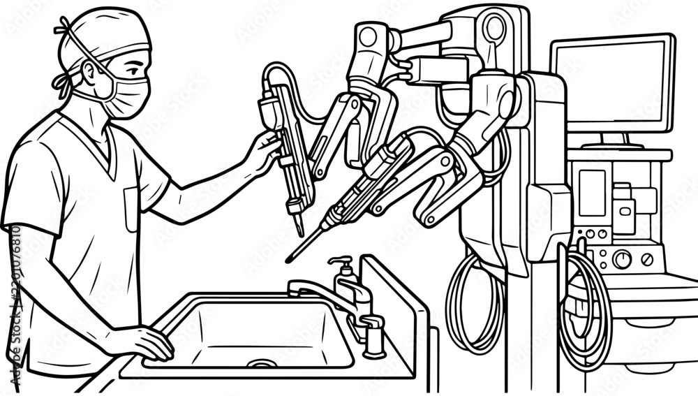 Fototapeta premium Surgeon operating a robotic surgical system in a medical facility, A black and white line drawing depicting a male surgeon wearing a mask and cap while operating a multi-armed robotic surgery machine 