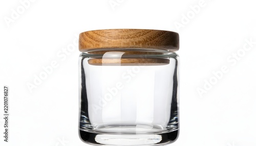 Glass jar featuring a wooden lid is displayed upright against a clean white background with ample negative space.