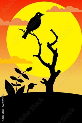 Fotografie Black bird silhouette perched on a tree branch against a large yellow sun and co