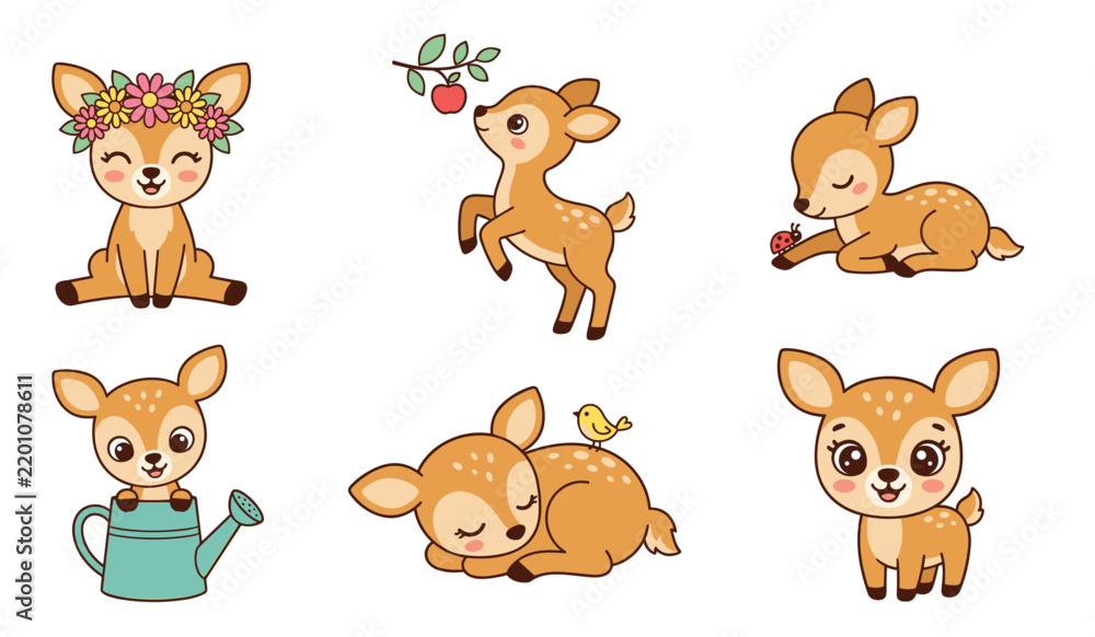 Obraz premium Cute Deer Fawn Illustration Set with Flower Crown, Watering Can, Sleeping, Running, Resting, and Adorable Woodland Animal Characters