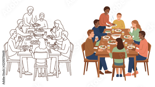 Group of friends eating dinner together for social media projects.