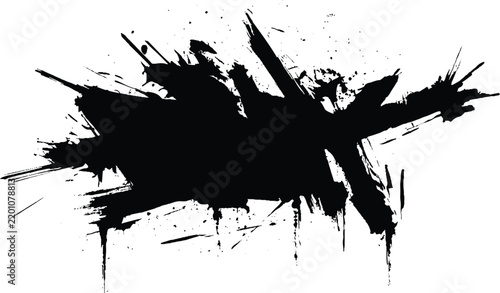 Black ink splatter shape with sharp dry brush grunge  strokes and droplets