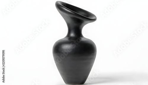 Vase sculpture featuring a unique modern black ceramic design with a flared asymmetric top on a white backdrop.