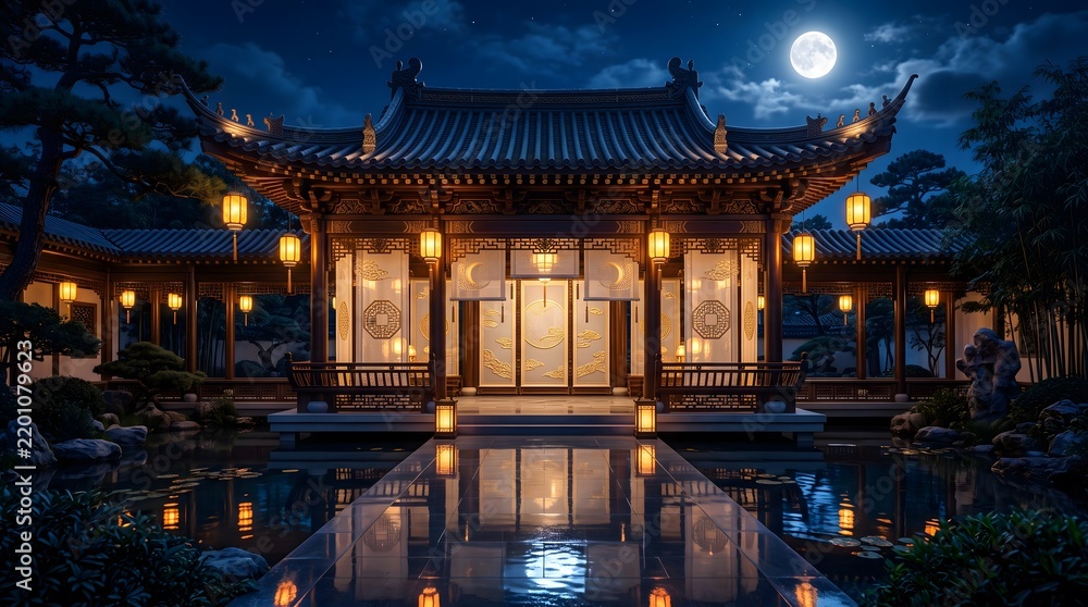 Obraz premium Traditional Chinese wooden pavilion with glowing lanterns reflecting on water