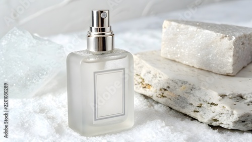 Perfume bottle sitting on a snowy surface next to decorative stone blocks in a minimalist winter cosmetic display.