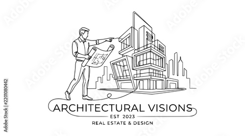 Minimalist line art logo of architect with blueprint and modern building design