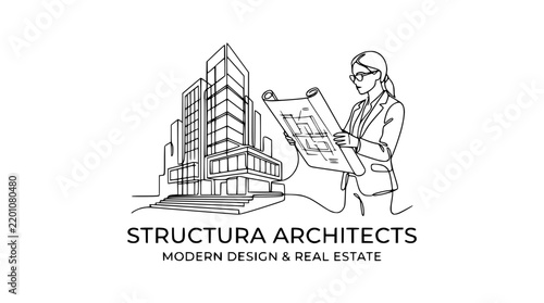 Minimalist line art logo of female architect with blueprint and modern building