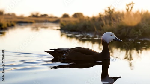 White headed duck swimming in calm river at sunset