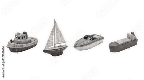 toy boat , newspaper collage cutout set PNG